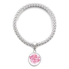 Imagem de DIYthinker Pulseira de prata com pingente de flor de lótus rosa com pingente de corrente ajustável