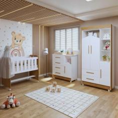 Imagem de Quarto de Bebê Completo 100% Mdf com Guarda-roupa, Cômoda e Mini Berço Estelar Branco/Amadeirado
