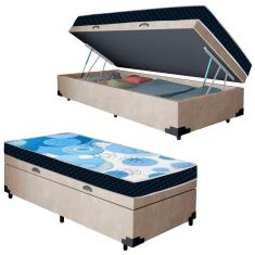 Imagem de Cama Box Baú Solteiro Suede + Colchão D20 Omega Azul Valle 88x188x56