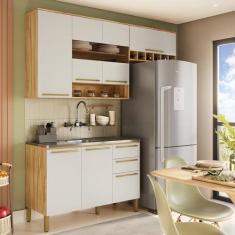 Imagem de Cozinha Modulada Compacta 3 Peças 7 Portas 2 Gavetas sem Tampo com Vidro Reflecta 100% Mdf Itália Es Amêndoa/Off White