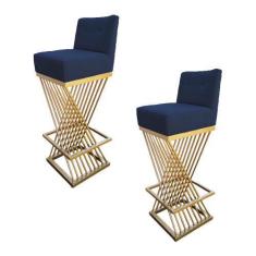 Imagem de Kit 02 Banquetas Luma Base de Ferro Sued Azul Marinho - D'Classe Decor