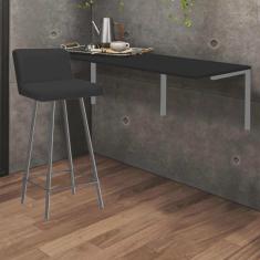 Imagem de Kit Mesa Suspensa de Parede Fixa mdf Preto + 1 Banqueta Lexi Ferro Cinza Sintético Preto - Ahazzo Móveis