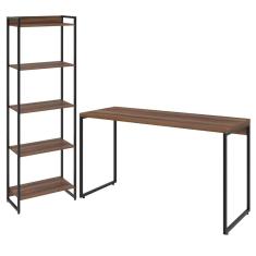 Imagem de Kit Escritório Estante 5 Prateleiras Com Mesa 135Cm Nogal