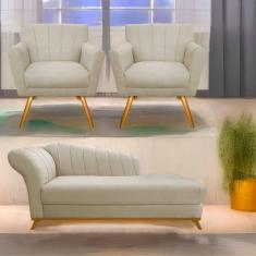 Imagem de Kit Diva Recamier Vanessa 185Cm Lado Direito E 02 Poltronas Laura Linho Cor Bege