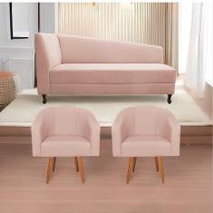 Imagem de Kit Diva Recamier Heitor 185cm Lado Direito e 02 Poltronas Luiza Suede Rosê - Amarena Móveis