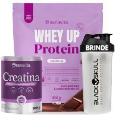Imagem de Creatina Monohidratada Pure Whey Protein Up Coqueteleira Sanavita - Kit Whey Up 22g Proteína + Creatina Monohidratada 100% Pure + Coqueteleira - Sanavita - Desempenho Físico - Força - Saúde (Whey Up Chocobelga + Creatina 100g Pure)