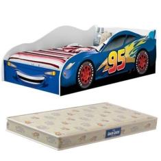 Imagem de Cama Carro Infantil Mcqueen Azul C/ Colchão Juvenil 100% Mdf Quarto -