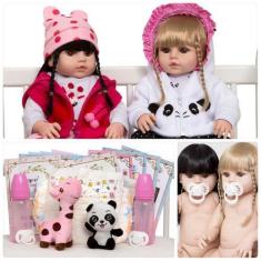 Imagem de Bebe Reborn Meninas Gêmeas Girafa Panda Pelúcia Pode Banho - Cegonha R