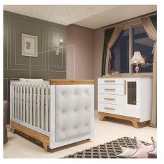 Imagem de Quarto de Bebê Berço com Capitonê e Cômoda com Janelas 100% Mdf Retrô Kakau Espresso Móveis Branco Brilho/Amêndoa/Branco