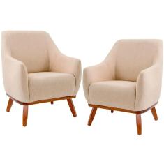 Imagem de Kit 02 Poltronas Decorativas Base Fixa de Madeira Paloma D02 Algodão Bege C-129 - Lyam Decor
