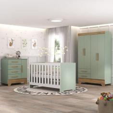 Imagem de Quarto de Bebê Completo Guarda Roupa 4 Portas 2 Gavetas com Cômoda e Berço Lily Espresso Móveis Verde Fosco/Marrom