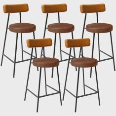 Imagem de Kit 05 Banquetas Baixa Cozinha Sala Jantar Bancada Milão L02 Couríssimo Whisky Marrom - Lyam Decor