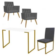 Imagem de Kit Escritório Stan 2 Poltronas Capitonê com Cadeira e Mesa Industrial Branco Dourado Suede Cinza - Ahz Móveis