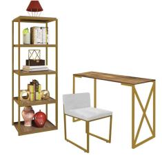 Imagem de Kit Escritório Bex 1 Cadeira Corino Branco com 1 Mesa e 1 Livreiro Ferro Dourado MDF Imbuia - Ahazzo Móveis