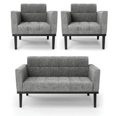 Imagem de Sofá Namoradeira E 2 Poltronas Base De Madeira Preto Elisa Linho Grafite A26 D03 - D`rossi
