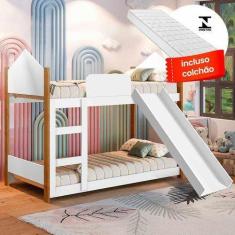 Imagem de Beliche Infantil Casinha Branca Com Escorregador E 2 Colchões Magia Ga