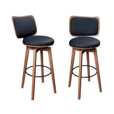 Imagem de Kit 2 Banquetas de Madeira Maciça com Encosto e Estofada Kahina Ressignificar Imbuia/Preto