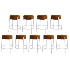 Imagem de Kit 09 Banquetas Alta Sintra 65cm Redonda Ferro Branco Suede Terracota - Ahazzo Móveis