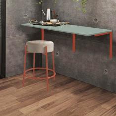 Imagem de Kit Mesa Suspensa de Parede Fixa MDF Verde Oliva + 1 Banqueta Sintra Ferro Rose Gold Suede Bege - Ahazzo Móveis