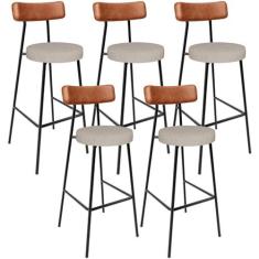 Imagem de Kit 05 Banquetas Alta Bar Cozinha Sala De Jantar Milão L02 Couríssimo Camel Linho Bege - Lyam Decor