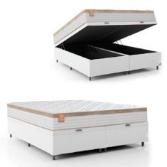 Imagem de Cama Box Baú Colchão Casal King Molas Ensacadas Real 193X203x68cm Branco / Bege Linho Inducol - Suporta Até 130Kg Por Pessoa