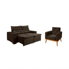 Imagem de Kit Sofá Retratil Reclinável Bari 1,90 Pillow Mais Poltrona Florença Em Veludo Café Marrom