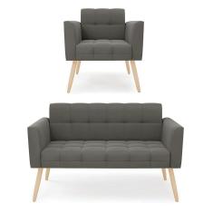 Imagem de Kit 1 Sofá Namoradeira E 1 Poltrona Elisa Suede Grafite Pés Palito Natural - D`rossi