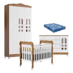 Imagem de Quarto de Bebê New Selena 3 Portas com Berço Lila e Cômoda Gran Selena Branco Acetinado Amadeirado e Colchão Ortobom – Carolina Móveis