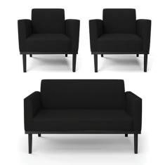 Imagem de Sofá Namoradeira com 2 Poltronas Base de Madeira Fixa Preto Marisa Linho Preto A79 D03...