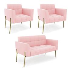Imagem de Sofá Namoradeira E 2 Poltronas Pé De Ferro Dourado Elisa Suede D03 - D'rossi Cor Rosa Bebê