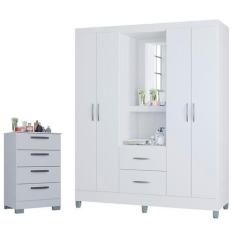 Imagem de Cômoda 867 4 Gavetas Com Guarda Roupa Solteiro Córdoba 4 Portas Branco