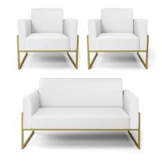 Imagem de Sofá Namoradeira Com 2 Poltronas Base Industrial Alta Dourado Marisa Corino Branco D03 - D\`rossi