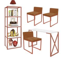 Imagem de Kit Escritório Bex 3 Cadeiras Suede Terracota com 1 Mesa e 1 Livreiro Ferro Bronze MDF Branco - Ahazzo Móveis