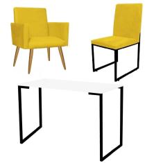 Imagem de Kit Escritório Stan Poltrona com Cadeira e Mesa Industrial Tampo Branco Preto Tecido Sintético Amarelo - Ahz Móveis