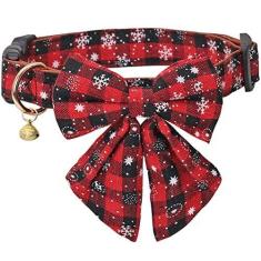 Imagem de Coleira de Natal para cães floco de neve xadrez clássico ajustável com gravata borboleta fofa e sinos