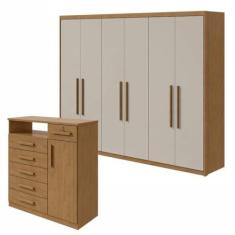 Imagem de Conjunto de Guarda-roupa 6 portas Áries e Cômoda Da Vinci com Nicho Amêndoa Clean/off White