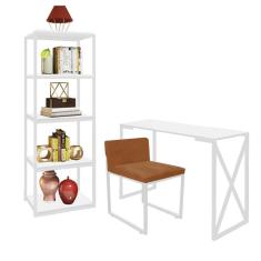 Imagem de Kit Escritório Bex 1 Cadeira Suede Terracota com 1 Mesa e 1 Livreiro Ferro Branco MDF Branco - Ahazzo Móveis