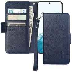 Imagem de Bocasal Capa carteira para Galaxy S22 5G, suporte de couro legítimo, carregamento sem fio, bloqueio de RFID, compartimento para cartões, capa dobrável com suporte para livro com alça de pulso de 6,1