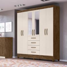 Imagem de Guarda Roupa Casal 6 Portas Com Espelho 4 Gavetas New Avaí - Castanho Wood / Baunilha