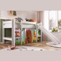 Imagem de Cama Infantil Escorregador Alta Elevada Cortina Zoo Animais Quarto Playground Branco