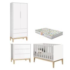 Imagem de Quarto De Bebê 2 Portas E Cômoda Gaveteiro New Classic Branco Com Pés Madeira Natural E Colchão Gazin - Reller