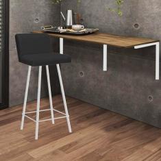 Imagem de Kit Mesa Suspensa de Parede Fixa MDF Carvalho + 1 Banqueta Lexi Ferro Branco Sintético Preto - Ahazzo Móveis