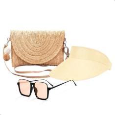 Imagem de Kit Bolsa de Palha + Viseira Solar Feminina e Óculos de Sol Grande Verão Piscina Moda Praia (BEGE)