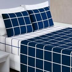 Imagem de Jogo De Cama Queen Dupla Face Grid Micro Percal 200 Fios Austin 4 Pçs Marinho