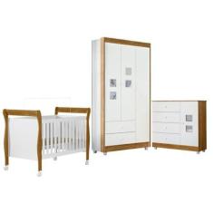 Imagem de Quarto de Bebê com Berço Mini Cama, Cômoda 1 Porta 4 Gavetas e Guarda Roupa 3 Portas 2 Gavetas Branco/madeirado Ypê