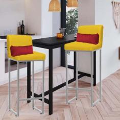 Imagem de Kit 02 Banqueta Alta com Encosto Lucca Industrial Cozinha Balcão Ferro Cinza Suede Amarelo e Almofada Vermelho - Ahazzo Móveis