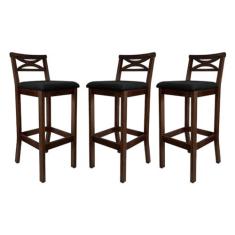 Imagem de Kit 3 Banquetas Media Estofada para Bancada Madri Madeira Capuccino Suede Preto CCS