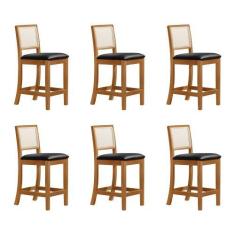 Imagem de Kit 6 Banquetas Altas de Telinha Assento Estofado Couro Pu Preto Rubi 