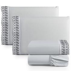 Imagem de Jogo Lençol Queen Suave Barrado Lese 4 Peças Barato - Cinza