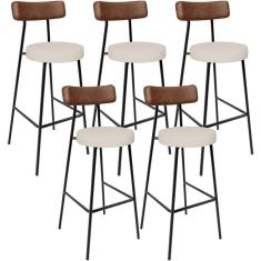 Imagem de Kit 05 Banquetas Alta Cozinha Bar Sala De Jantar Milão L02 Couríssimo Marrom Linho Cru - Lyam Decor